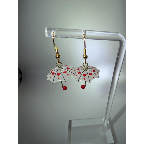 Umbrella Red and White Heart Dangles Gold Tone Stainless Steel Hooks - Picture 5 of 9